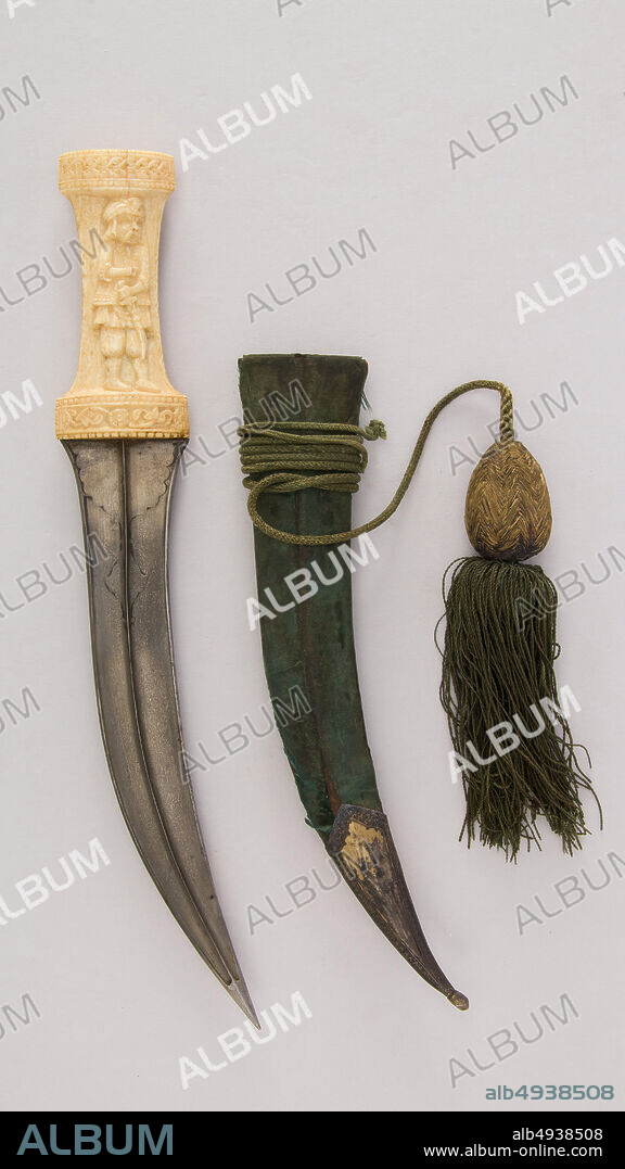 Dagger (Jambiya) with Sheath and Cord, Persian, Qajar, 19th century, Persian, Qajar, Steel, ivory (elephant), wood, velvet, silver, silk, H. with sheath 14 1/2 in. (36.8 cm); H. without sheath 13 5/8 in. (34.6 cm); W. 2 1/16 in. (5.2 cm); Wt. 7.1 oz. (201.3 g); Wt. of sheath 2.7 oz. (76.5 g), Daggers.