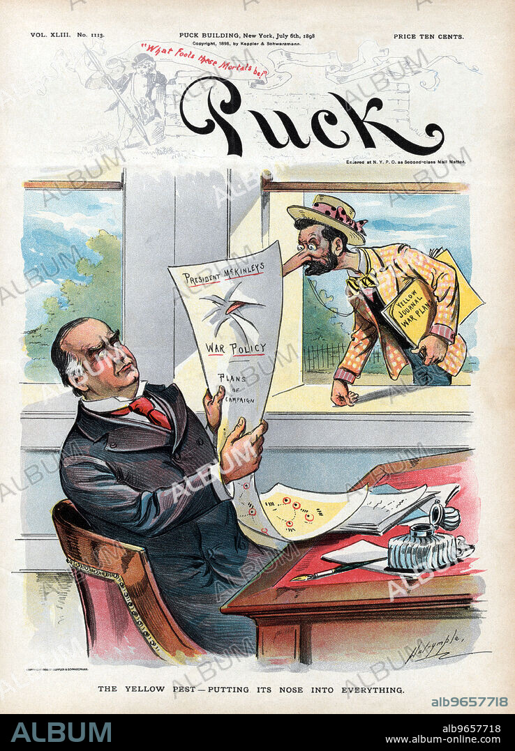 "The Yellow Pest - Putting its Nose into Everything", Political Cartoon featuring U.S. President William McKinley and a man, Possibly Joseph Pulitzer, carrying Sheets of Paper labeled "Yellow Journal War Plans", Poking his Nose into McKinley's "Plans of Campaign", Puck Magazine, Artwork by Louis Dalrymple, Published by Keppler & Schwartzmann, July 6, 1898.