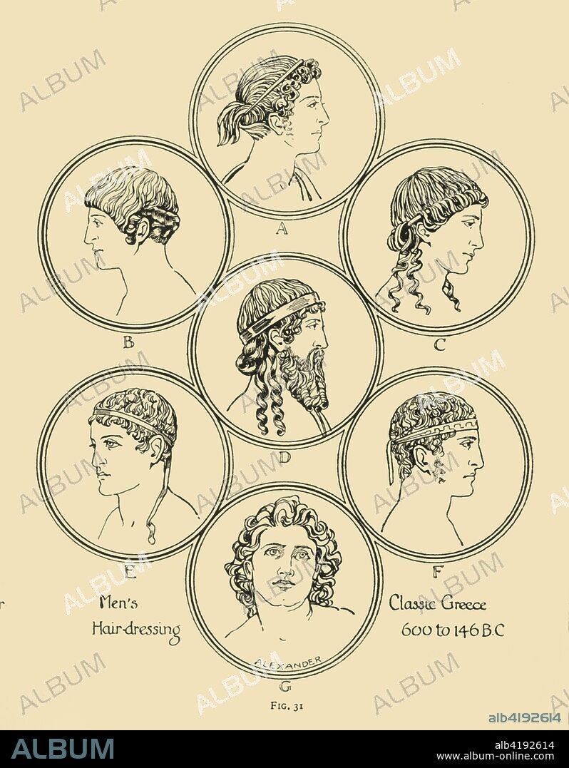 'Men's Hair-dressing - Classic Greece 600 to 146 B.C', 1924. From "Costume & Fashion - The Evolution of European Dress Through the Earlier Ages", by Herbert Norris. [J. M. Dent and Sons Ltd, E. P. Dutton and Co. London and Toronto, 1924].