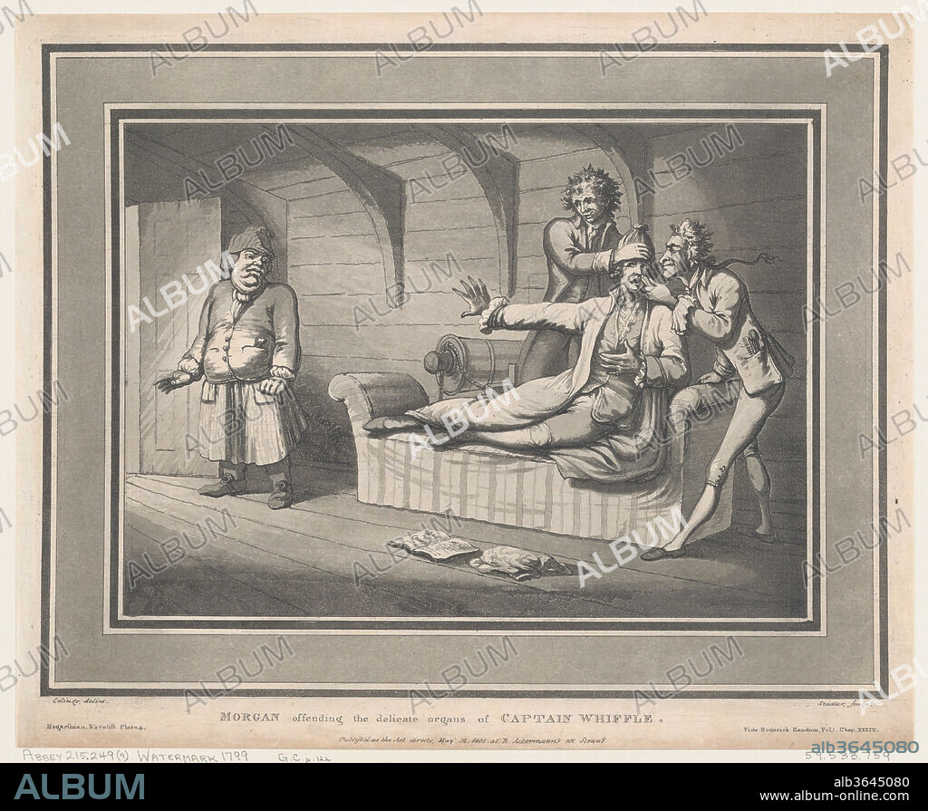 Morgan Offending The Delicate Organs of Captain Whiffle. Artist: After Samuel Collings (British, active 1784-95). Dimensions: Sheet (trimmed): 12 5/8 × 14 3/4 in. (32 × 37.5 cm)
Plate: 11 3/4 × 13 13/16 in. (29.8 × 35.1 cm). Publisher: Rudolph Ackermann, London (active 1794-1829). Date: May 12, 1800.