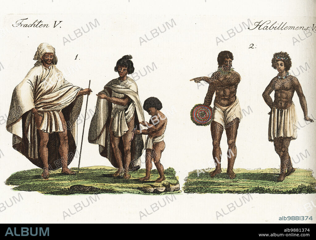 Costumes of the people of the Pacific, 18th century. Polynesian man and woman of Tahiti wearing tapa bark-fabric tiputa cloaks 1, Hawaiian man and woman in tapa bark-fabric skirts, the man a dancer with an 'uli'uli feather rattle 2. Handcoloured copperplate engraving from Friedrich Johann Bertuch's Bilderbuch fur Kinder (Picture Book for Children), Weimar, 1792.