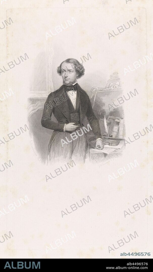 Portrait of Herman Jacob Constant van Nouhuijs, Half-length portrait of the poet Herman Jacob Constant van Nouhuijs, standing at a desk. On the desk are a violin, written papers, books and a writing feather. There is a painting on the desk., Herman Jacob Constant van Nouhuijs, Johann Wilhelm Kaiser (I) (mentioned on object), 1845, paper, engraving, h 254 mm × w 146 mm.