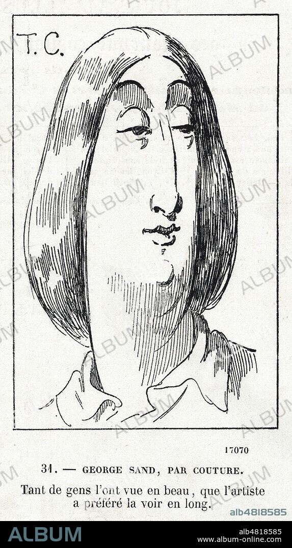 George SAND (1804-1876) par Thomas COUTURE (1815-1879). Tant de gens l'ont vue en beau, que l'artiste a prefere la voir en long. Caricature de MARCELIN (1828-1887) pour Quelques chefs-d'oeuvres de l'Ecole moderne tire de le Journal amusant du 21 avril 1860. Credit : Collection Jonas/Kharbine-Tapabor.