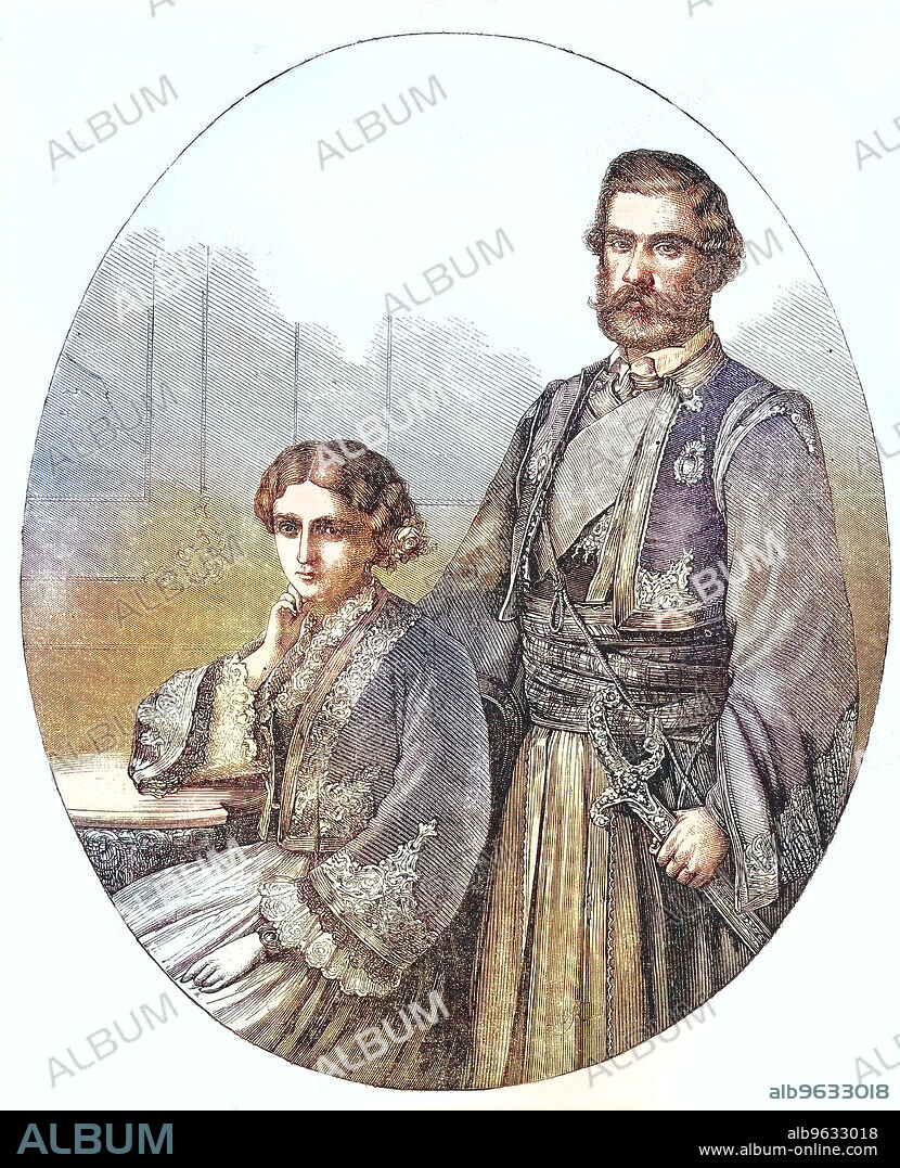 Mihailo Obrenovic III, 16 September 1823 - 10 June 1868, Serbian prince from 1839 to 1842 and from 1860 to 1868, and his wife Julia Countess Hunyady of Kethely (1831-1919), Historical, digitally restored reproduction of an original artwork from the 19th century, exact original date unknown.