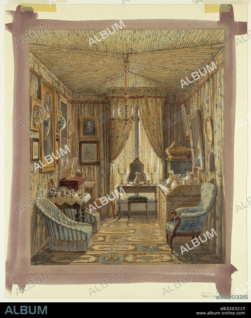 Interior of a Dressing Room with Tented Ceiling, François Etienne Villeret, French, ca. 1800 - 1866, Brush and gouache, watercolor, graphite on tan paper, A dressing room interior whose walls and tented ceiling are covered in a delicate vine trellis-patterned textile. On dressing table at rear center, a porcelain pitcher and basin sit in front of a silver mirror in rococo-revival style, flanked by candelabra. Pitchers and basins, possibly of Vincennes manufacture, on top of wash stand at right. A table covered with lace cloth at left, holds toilet accessories; brushes, mirrors, pots, and covered jars. A formal portrait on left wall might well be the owner of this opulent room. Dried flowers encased in glass domes on either side of portrait. A carpet divided into horizontal and octagonal fields holding neoclassical and neo-gothic motifs covers floor., 1848, interiors, Drawing, Drawing.