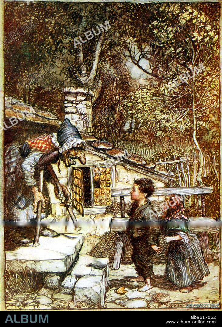 Hansel and Gretel and the Witch on the doorstep of her cottage. The tiles made of gingerbread can be seen. Arthur Rackham illustration from the Brothers Grimm fairy story. (Copyright must be cleared).