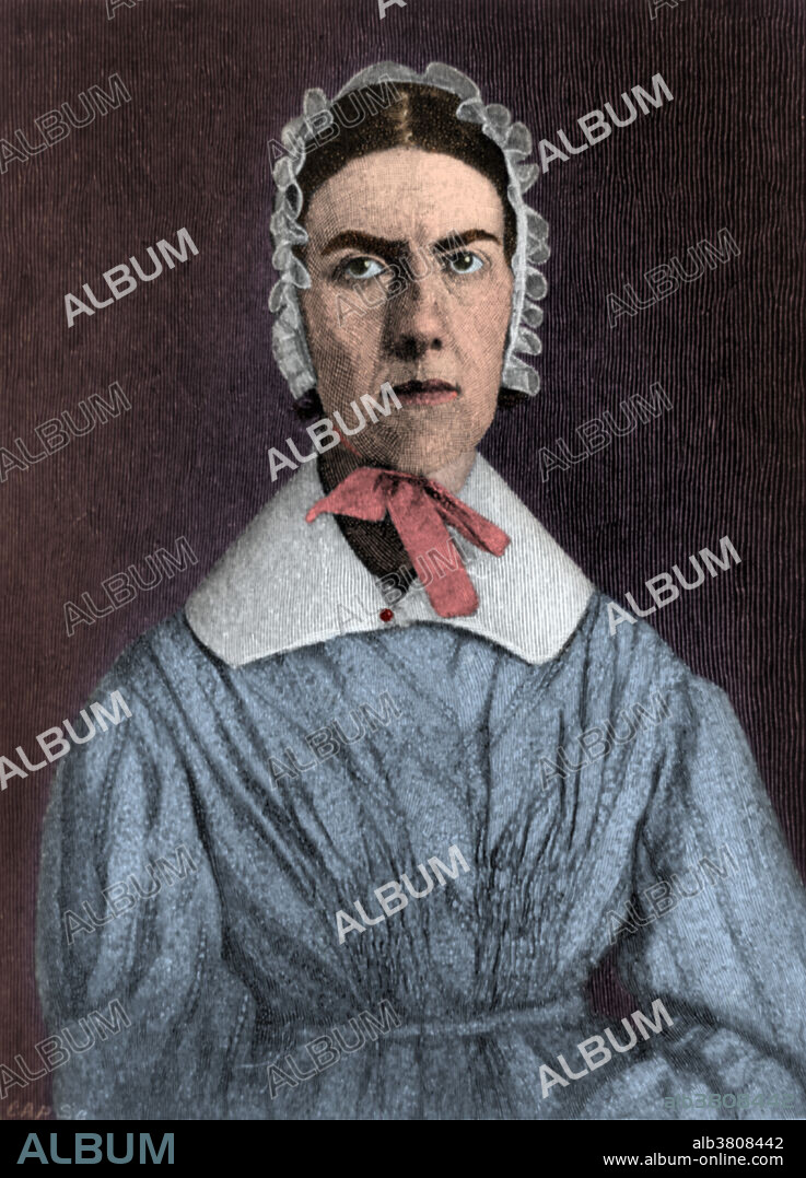 Colour-enhanced portrait of Angelina Emily Grimke Weld (1805-1879), an American political activist, abolitionist and supporter of the women's suffrage movement. In 1829, she addressed the issue of slavery at a meeting in her church and stated that all slaveholding members of her congregation openly condemn the practice. Because she was such an active member of the church community, her audience respectfully declined her proposal. This incident led to her official expulsion from the Presbyterian church. Convinced that the South was not the proper place for her or her work she relocated to Philadelphia where she joined the local chapter of the Religious Society of Friends. She began to attend anti-slavery meetings and lectures, and later joined the Philadelphia Female Anti-Slavery Society in 1835. In 1836, she wrote her famous An Appeal to the Christian Women of the South, which is often considered by scholars one of the best manifestations of Grimke's.