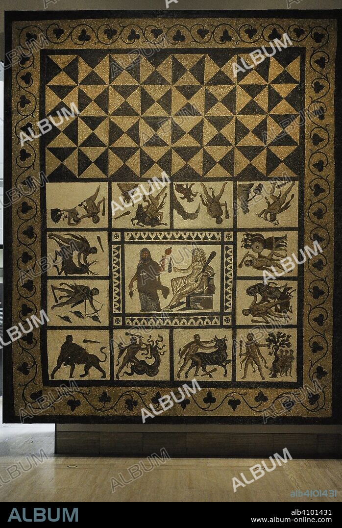 Mosaico romano de los Trabajos de Hércules. Siglo III. Procedente de Liria (provincia de Valencia). Museo Arqueológico Nacional. Madrid. España.