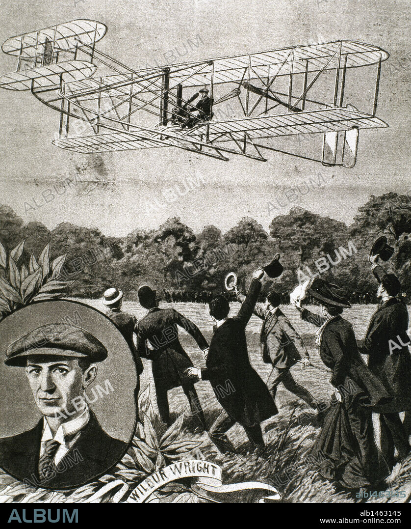 WILBUR WRIGHT (1867-1912). Aeronauta y constructor de aviones estadounidense. "VUELO DE WRIGHT SOBRE EL CAMPO DE ANVOURS, FRANCIA, ALCANZANDO UNA VELOCIDAD DE 80 KM / H. (AÑO 1908) ". Grabado. S. XX.