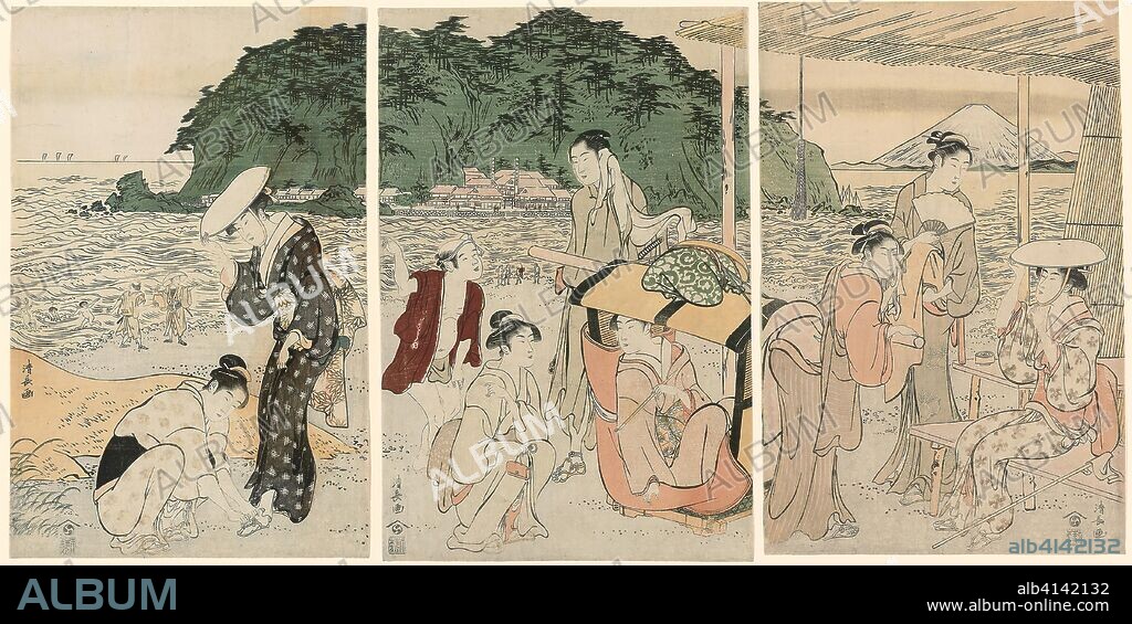 Visitors to Enoshima. Torii Kiyonaga; Japanese, 1752-1815. Date: 1784-1794. Dimensions: 37.4 x 24.5 cm (right sheet), 37.5 x 25.1 cm (center sheet), 37.2 x 24.2 cm (left sheet). Color woodblock prints; oban triptych. Origin: Japan.