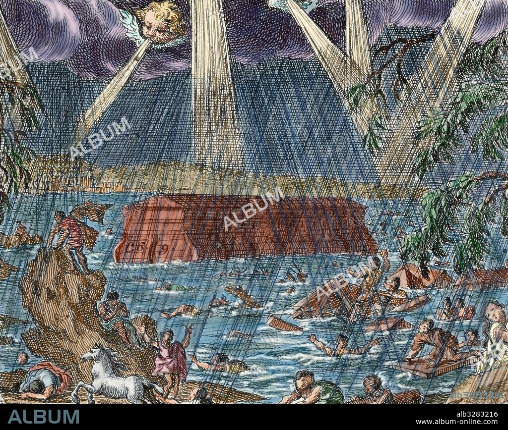 "EL DILUVIO UNIVERSAL. DETALLE DEL ARCA DE NOE". Génesis, capítulo 6.9. Grabado coloreado.