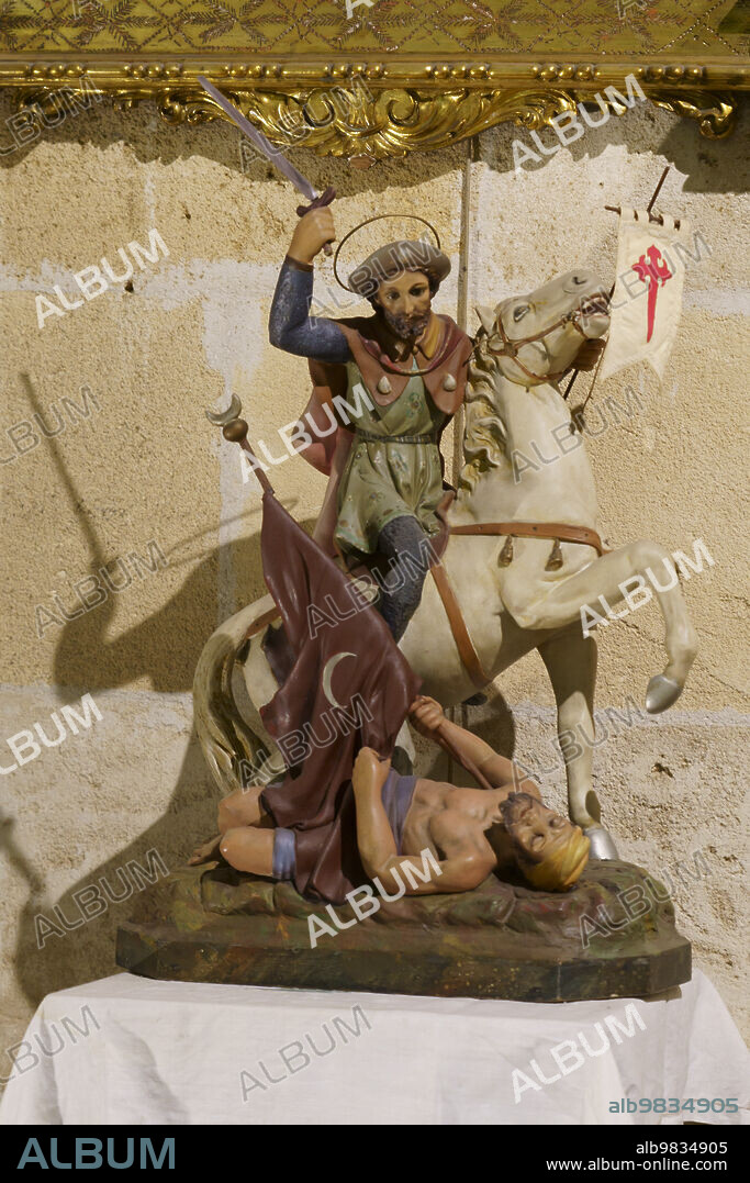 Santiago Matamoros, Apostle Saint James the Greater depicted as a knight in combat, Monastery Church of Santa Margarita, center of history and military culture of the balearics, Palma, Majorca, Balearic Islands, Spain.