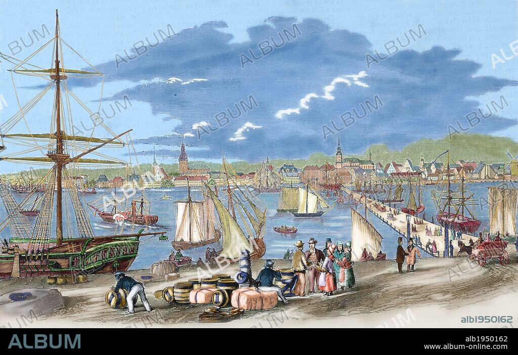 HISTORIA DE RUSIA. SIGLO XIX. RIGA. Panorámica del PUERTO de la ciudad. Grabado coloreado de "l'Univers Illustré", año 1861.