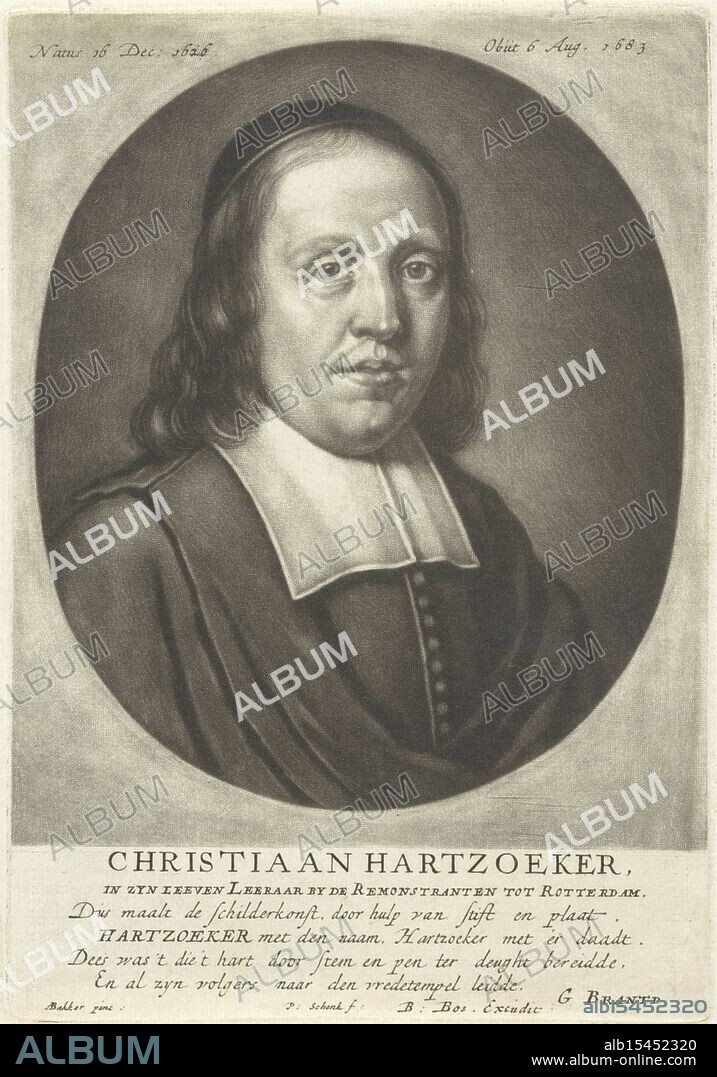 Bos, Barent, Brandt, Geeraert (I), Backer, Adriaen, Amsterdam, Schenk, Pieter (I), Portrait of the Remonstrant minister Christiaan Hartsoecker, verso - stamped, print, prints, height 193 mm, width 135 mm, Northern Netherlands, 1660-12-26 - 1711, print maker, printmaker, 1683 - 1713, paper, mezzotint, engraving, engraving (printing process), 1635 - 1684-05-23, after, after painting by, 1626-07-25 - 1685-10-12, writer, Publication (Event), Publication, Dutch, publisher.