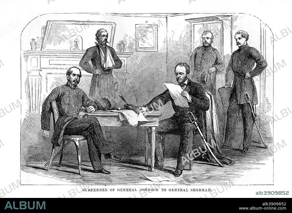 Surrender of General Johnston to General Sherman, 26 April 1865, (1872). Confederate general Joseph Eggleston Johnston surrenders to William Tecumseh Sherman at the end of the American Civil War. Engraving from A Child's History of the United States by John Gilmary Shea, published by Hess and McDavitt, (New York, 1872).