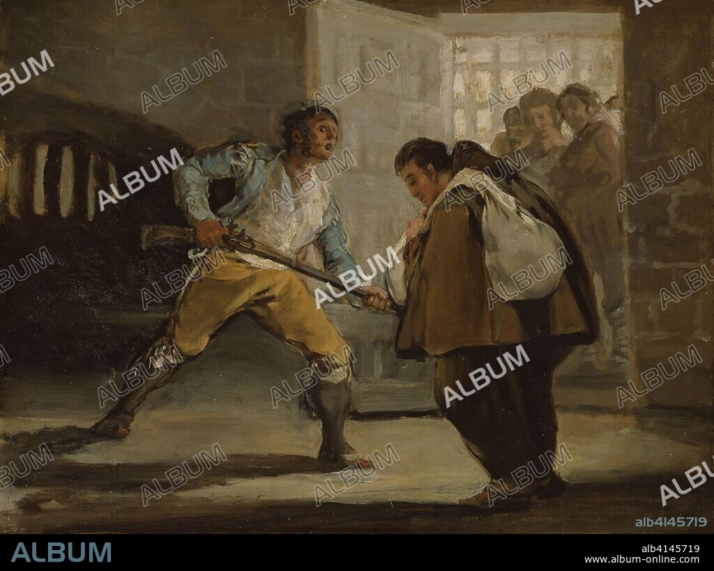 FRANCISCO DE GOYA. El Maragato Threatens Friar Pedro de Zaldivia with His Gun. Francisco José de Goya y Lucientes; Spanish, 1746-1828. Date: 1801-1811. Dimensions: 11 1/2 × 15 5/8 (29.2 × 38.5 cm). Oil on panel. Origin: Spain.