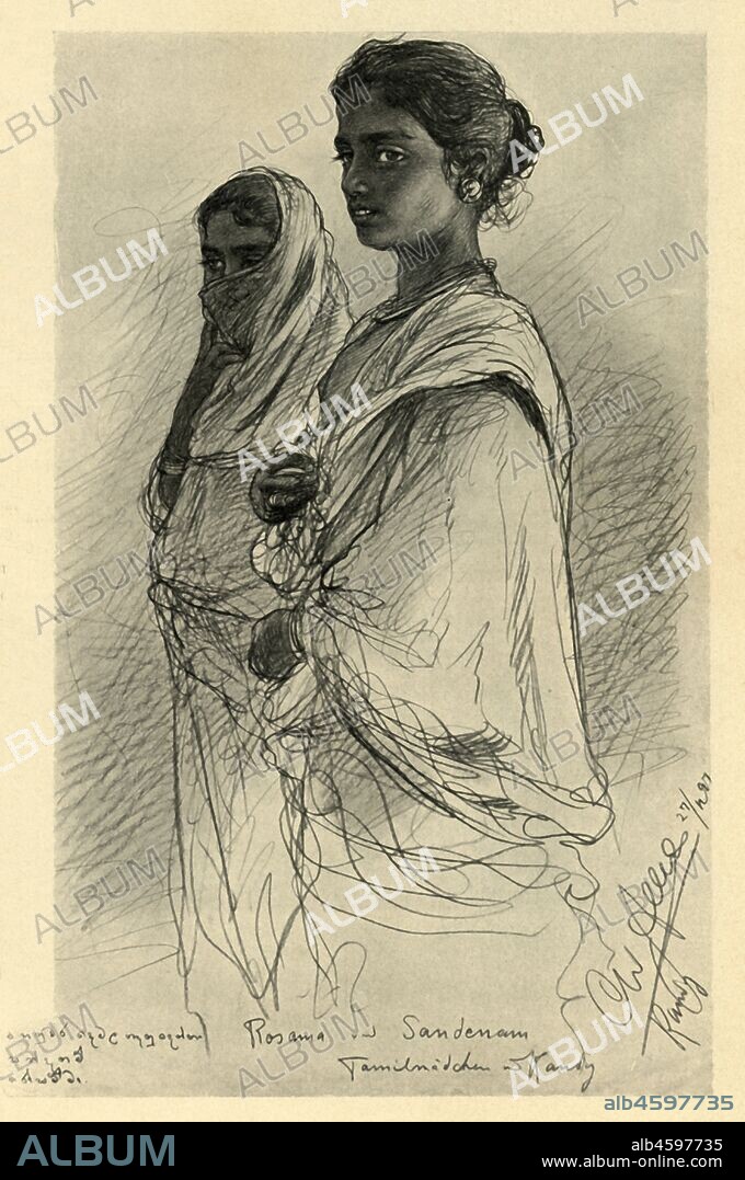 CHRISTIAN WILHELM ALLERS. Rosama and Sandenam, Tamil girls, Kandy, Ceylon, 1898. Portrait of two young women in what is now Sri Lanka. 'Rosama und Sandenam - Tamilmädchen, Kandy'. From "Rund um die Erde" [Round the Earth], written and illustrated by C. W. Allers. [Union Deutsche Verlagsgesellschaft, Stuttgart, 1898].