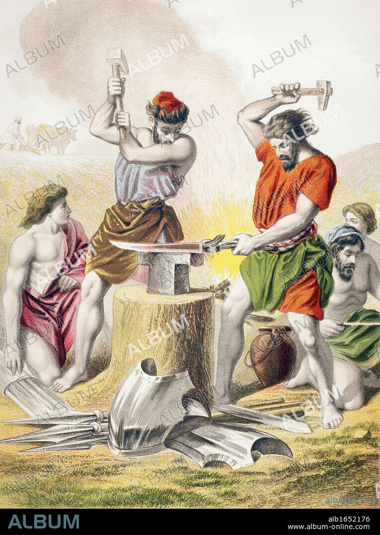 Beating the swords into ploughshares. From The Holy Bible published by William Collins, Sons, & Company in 1869. Chromolithograph by J.M. Kronheim & Co.