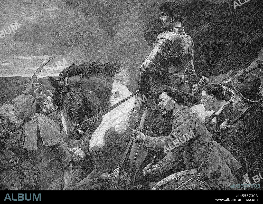 Florian Geye, Florian Geier von Giebelstadt, geboren um 1490 in Giebelstadt, 10. Juni 1525, ein fränkischer Reichsritter, Truppenführer im Dienst des Markgrafen Albrecht von Brandenburg-Ansbach und Diplomat. Er übernahm im Bauernkrieg 1525 die Führung des Schwarzen Haufens, Historisch, digitale Reproduktion einer Originalvorlage aus dem 19. Jahrhundert, Originaldatum nicht bekannt.