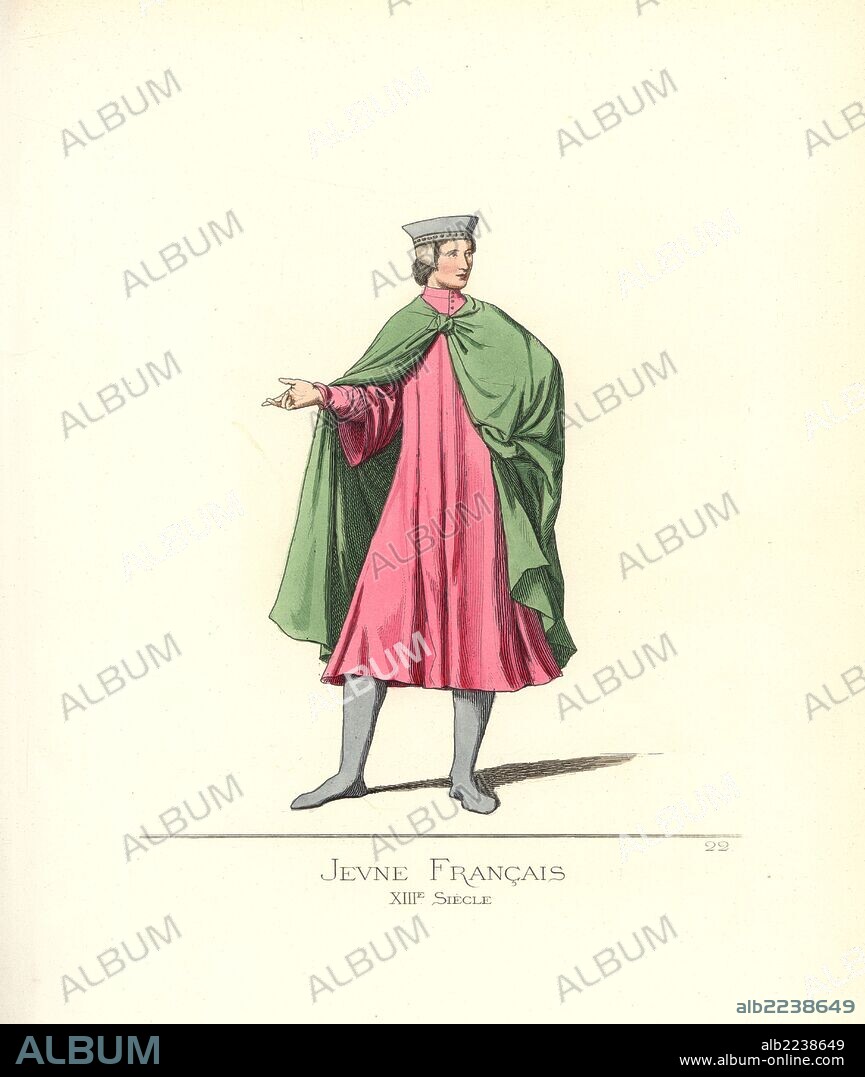 Young French man, 13th century. He wears a lead-coloured toque, green chlamys, red robe and sleeves, grey stockings. From a French manuscript, #5895, Vatican library. Handcoloured illustration drawn and lithographed by Paul Mercuri with text by Camille Bonnard from "Historical Costumes from the 12th to 15th Centuries," Levy Fils, Paris, 1860.
