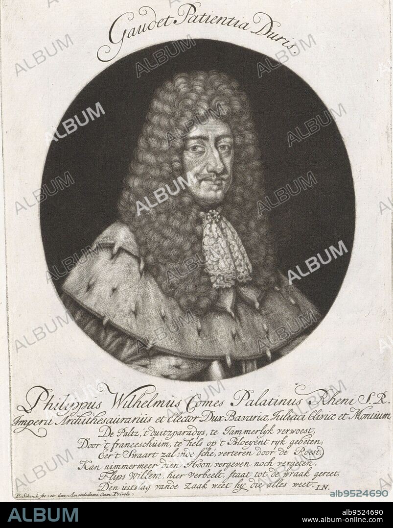 Philip William of the Palatinate, son of Wolfgang William of Palatinate-Neuburg He wears a wig and armor, Portrait of Philip William, Elector of the Palatinate Portraits of sovereigns and their coats of arms Leopoldo I Magno SRI Imperatori Semper Augusto, print maker: Pieter Schenk (I), (attributed to workshop of), Jan Norel, (mentioned on object), publisher: Pieter Schenk (I), (mentioned on object), Amsterdam, 1690 - 1713, paper, engraving, h 184 mm × w 140 mm.