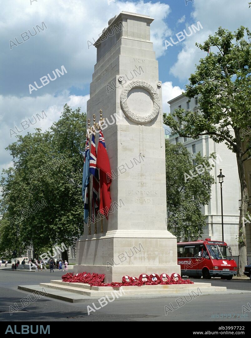 The Cenotaph, Whitehall, London. The Cenotaph is the site of the annual national service of remembrance when those who fell in the Great War and subsequent conflicts are remembered. Designed by Sir Edwin Lutyens, the Cenotaph was built from Portland Stone in 1919-1920.