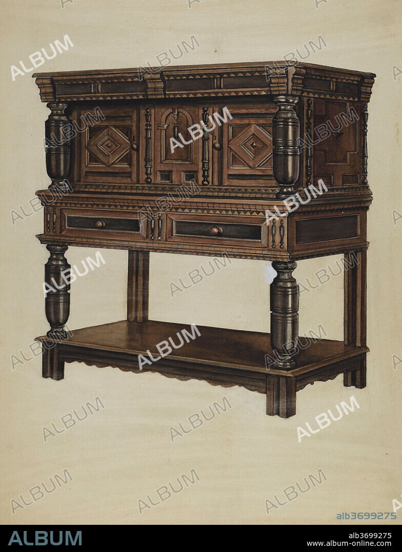 LAWRENCE PHILLIPS AND ISIDORE SOVENSKY. Court Cupboard. Dated: c. 1937. Dimensions: overall: 29.4 x 22.9 cm (11 9/16 x 9 in.)  Original IAD Object: 40"high; 49"long; 23"deep. Medium: watercolor, colored pencil, pen and ink, gouache, and graphite on paperboard.