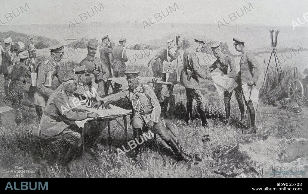 Generals Hindenburg and Ludendorff brief the German Kaiser Wilhelm II and the Crown Prince at The Battle of Soissons during World War One July 1918.