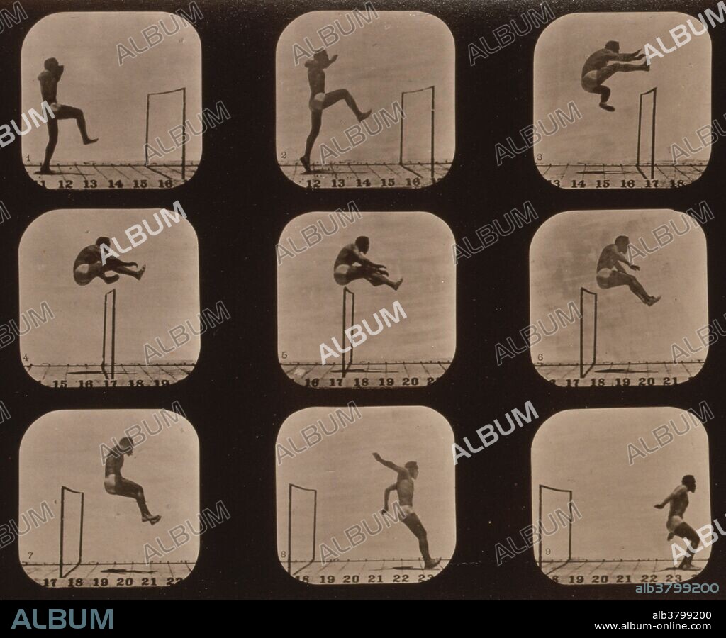 Muybridge Human Locomotion, Man Jumping Hurdle, 1881. Photograph shows 9 consecutive images of a man jumping over a hurdle. Eadweard James Muybridge (April 9, 1830 - May 8, 1904) was an English photographer important for his pioneering work in photographic studies of motion and in motion-picture projection. He published two popular books of his work, Animals in Motion (1899) and The Human Figure in Motion (1901), both of which remain in print over a century later. He died in 1904 at the age of 74.