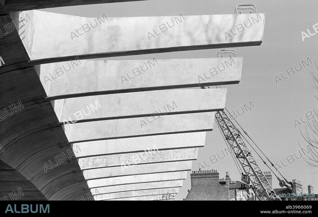 Hammersmith Flyover during construction, Hammersmith, London, 1961. The flyover was built  to carry the A4 Great West Road over the road junction at Hammersmith Broadway.