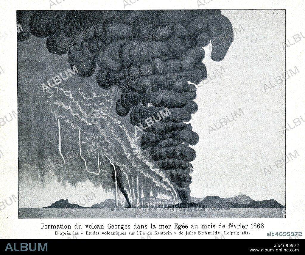 'Formation du volcan Georges dans la mer Egee au mois de fevrier 1866'. Gravure d'apres Jules Schmidt publiee dans l'ouvrage 'L'univers et l'humanite' par KRAEMER vers 1905. Credit : Collection KHARBINE-TAPABOR.