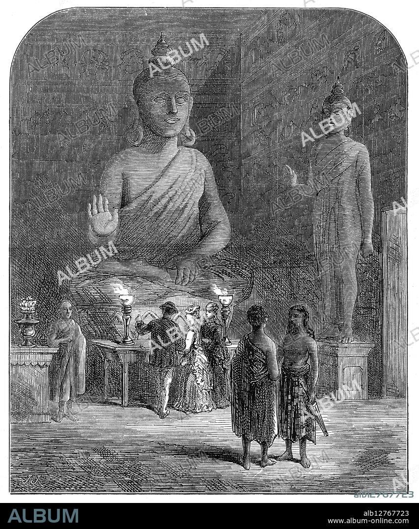 J. J.. The Voyage to China: Buddhist Temple at Galle, Ceylon, 1872. 'The principal figure is that of Buddha, or Gautama Buddha, as he is called in Ceylon. It is colossal, formed of clay, and painted. There are four other figures in the temple, one being that of Vishnu, which indicates a mixture of Brahminism with Buddhism...The walls are covered with paintings. There are figures of the Buddhas who have been, and of those to come - Maitra Buddha being the next one that is to appear. The plan of this temple has a striking resemblance to the churches in Abyssinia...One would be inclined to believe that the one was a copy of the other; but, knowing the plan of the ancient Buddhist rock-cut temples, it is easy to see that this Ceylon example derives its form from the construction of that period...The priests here are monks, and shave their heads...The monks are dressed in a yellow robe. In front of the figure of Buddha is a table, or altar, with two lamps. The figures of Buddha, though seeming at first sight to be nude, are not so; there are lines to indicate drapery on the body. The robe passes over the left shoulder, leaving the right shoulder and arm bare, and descends to the heels The monks here copy their master in this fashion'. From "Illustrated London News", 1872.