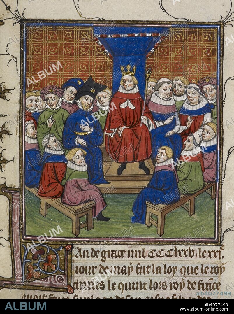 French king in parliament. Chroniques de France ou de St. Denis. End of 14th century. (Miniature) King Charles V of France promulgates a law in parliament.  Image taken from Chroniques de France ou de St. Denis.  Originally published/produced in End of 14th century. . Source: Royal 20 C. VII, f.192. Language: French.