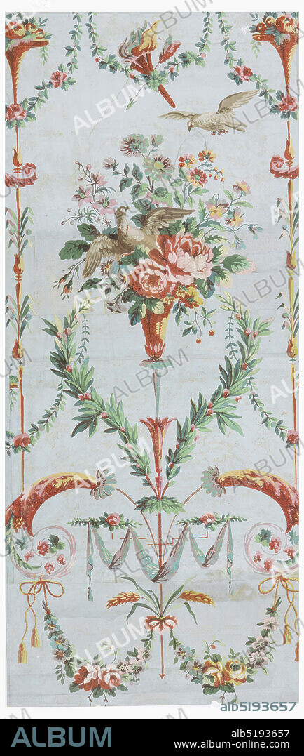 Les Deux Pigeons, Jean-Baptiste Réveillon, French, 17251811, Block printed on handmade paper, Vertical rectangle of joined sheets of paper. Large basket of flowers with dove flying out from its midst; another dove above, to right. Along each margin, slender shaft with occasional foliation, intercepted by small urn of flowers. Scrolls and swags of foliage and drapery, and crossed arrow and torch above large basket; diagonal yellow dotting on field., Paris, France, 1789, Wallcoverings, Sidewall, Sidewall.
