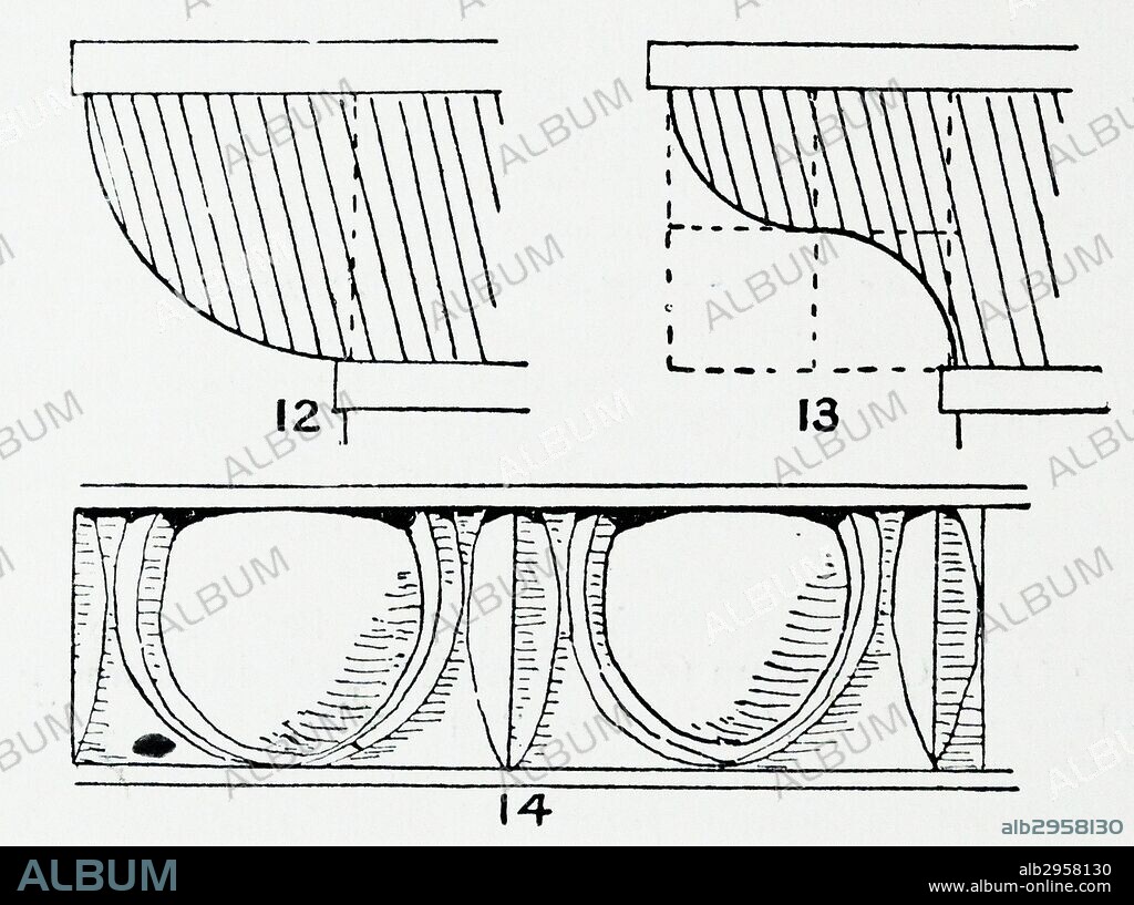 Illustration from a book depicting different types of Roman mouldings, including the Roman Ovolo, Roman Ogee and Egg and Tongue Moulding. Dated 1913.