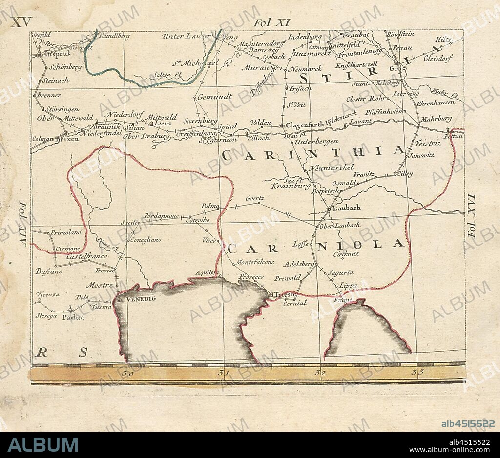 Carinthia, Map of Innsbruck, Graz, Padua and Fiume, fol. 18r, Bors, Johann Jakob (verfertigt), Homannsche Erben (ed.), Johann Jakob Bors; Franz Ioseph Heger: Neue und vollständige Postkarte durch ganz Deutschland. Nürnberg: im Verlag bey denen Homaennischen Erben, [1764].