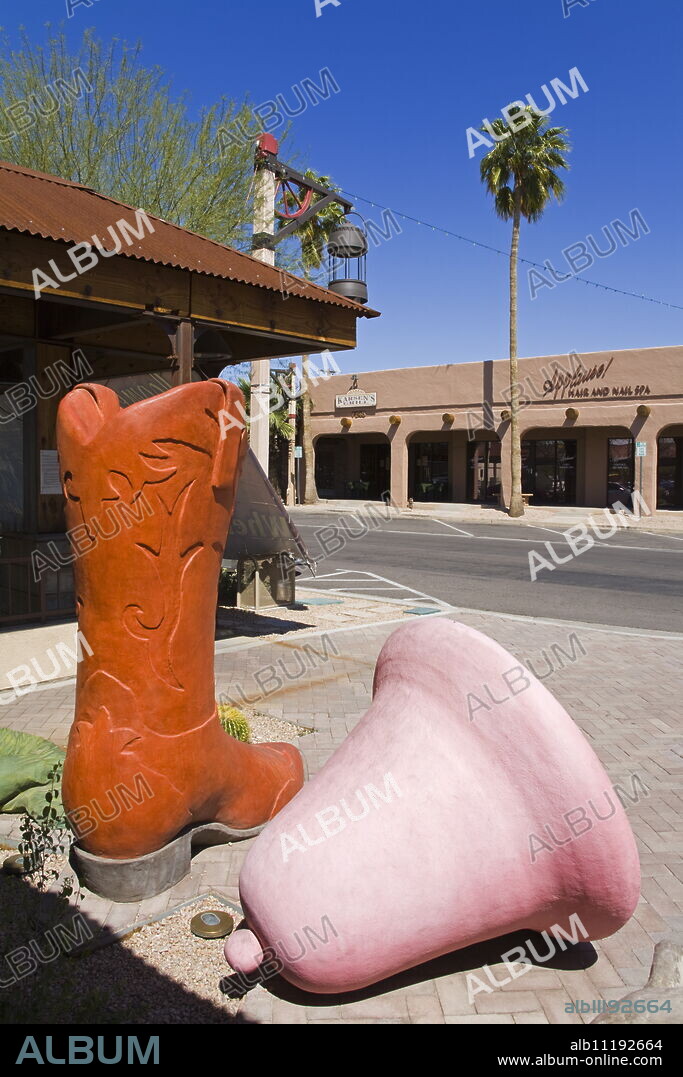 Cowboy Boot and Bell Sculpture, Old Town Scottsdale, Phoenix, Arizona, United States of America, North America.