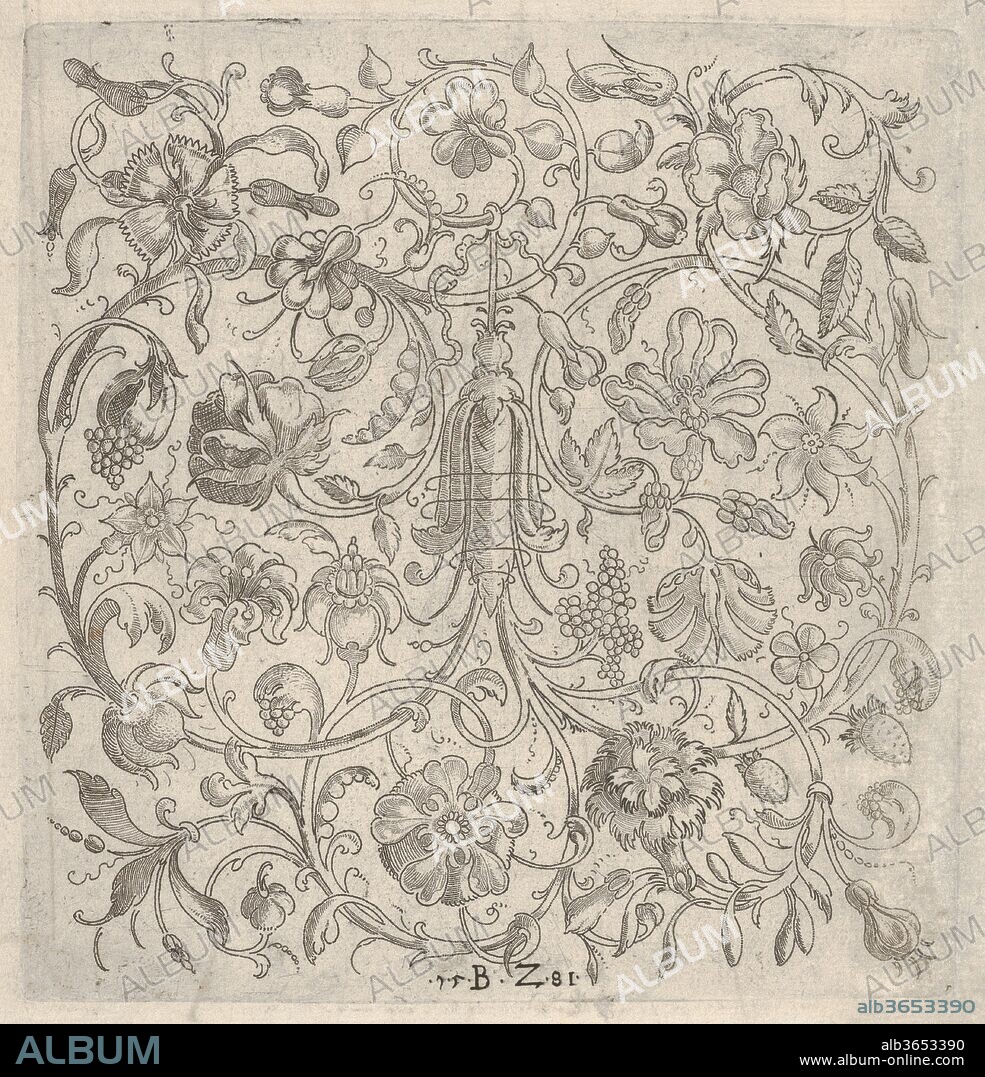 Square Panel with Vegetal Scrollwork, Flowers and Fruits. Artist: Bernhard Zan (German, active 1580-81). Dimensions: Sheet: 9 3/4 × 6 5/16 in. (24.8 × 16.1 cm)
Plate: 5 11/16 × 5 7/16 in. (14.4 × 13.8 cm). Date: 1581.
Sheet from a series of 40 goldsmith's designs, published by Zan in 1581 and again in 1584 by Stephan Hermann. The print shows a square panel with an all-over pattern of vegetal scrollwork. In the center of the design a calyx is hung upside down from which swirling scrolls spring forth. An abundance of leaves, flowers and fruits is attached to smaller stems. On the verso of the sheet a pattern for what appears to be a pleaded object, perhaps a fan, has been drawn in pen and ink.
