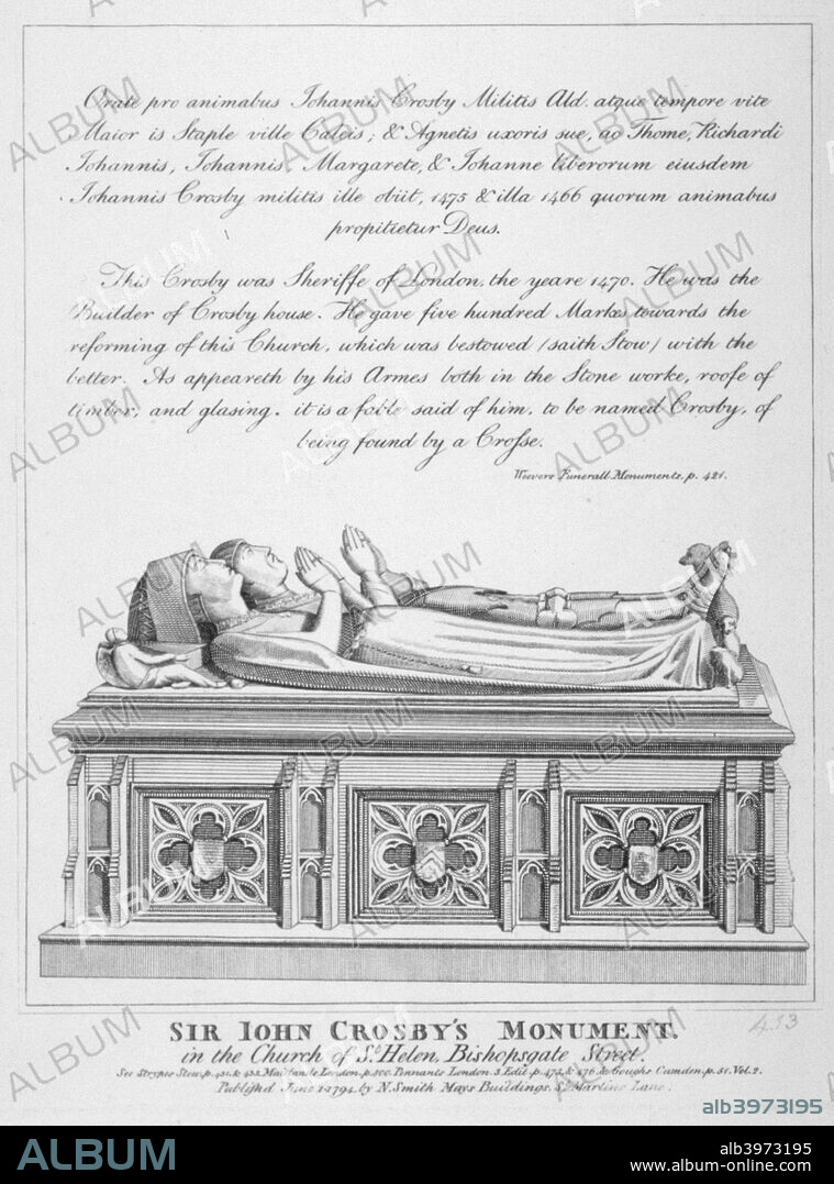 Tombs in the Church of St Helen, Bishopsgate, City of London, 1794.Tombs of Lady Agnes and Sir John Crosby, with biographical text above. Sir John Crosby was Sheriff of London in 1470 and the builder of Crosby House.