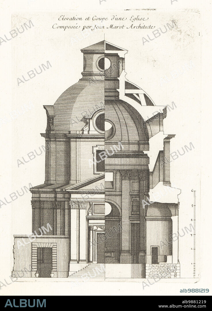 Elevation and section of a church designed by architect Jean Marot. Elevation et Coupe d'une Eglise composee par Jean Marot Architecte. Copperplate engraving drawn and engraved by Jean Marot from his Recueil des Plans, Profils et Elevations de Plusieurs Palais, Chasteaux, Eglises, Sepultures, Grotes et Hotels, Collection of Plans, Profiles and Elevations of Palaces, Castles, Churches, Tombs, Grottos and Hotels, chez Mariette, Paris, 1655.