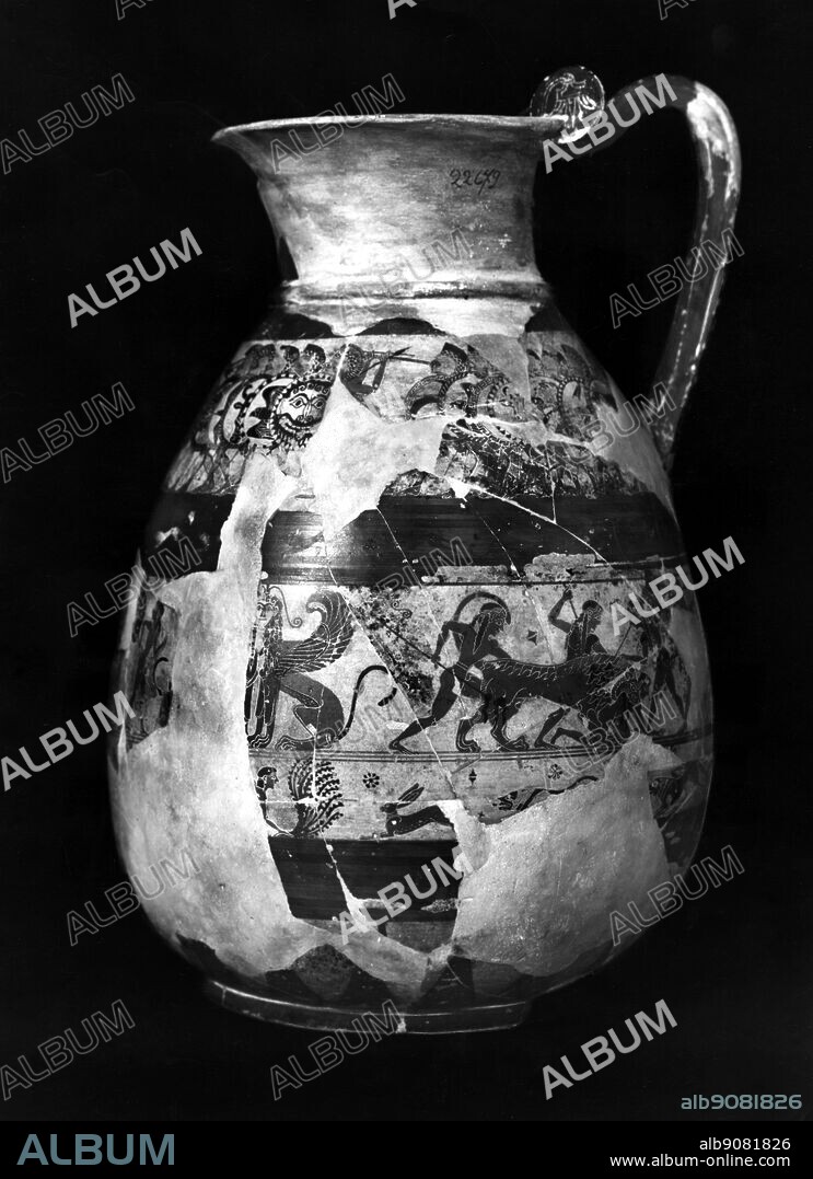 The Chigi Vase ; Protocorinthian , c 640 BC , terracotta , height 11 1/4 inches or 28.5 cm. The National Museum of the Villa Giulia , Rome , Italy.