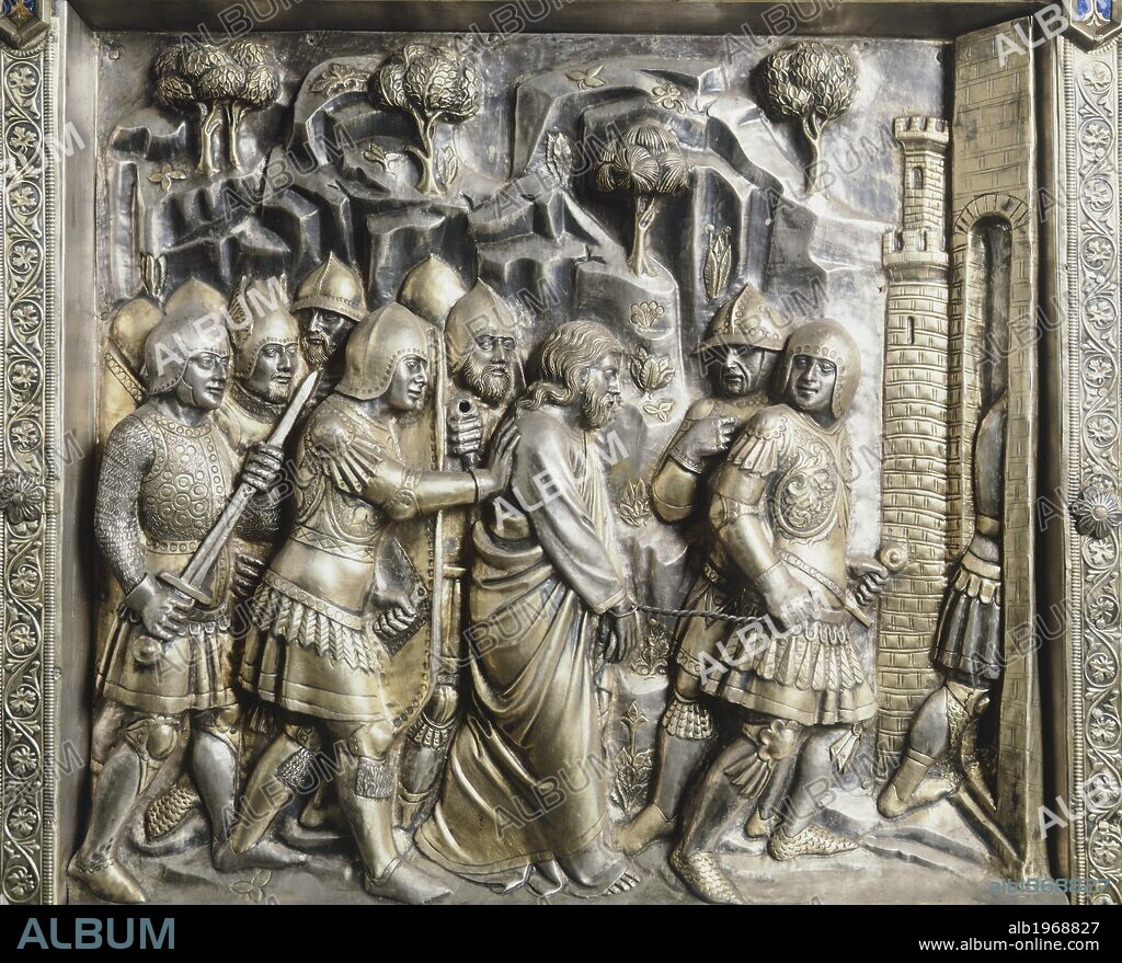 Capture of St James, scene from the Stories of St James, panel on the lateral side of the altar of St James, by Leonardo di Ser Giovanni (active 1358-1371), silver foil with embossed decoration, Chapel of the Crucifix, Cathedral of St Zeno, Pistoia, Tuscany. Italy, 14th century.