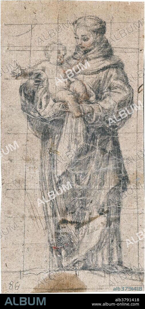 Alonso Cano (Attributed to) / 'Saint Anthony of Padua'. XVII century. Black chalk, Red chalk on yellow laid paper.