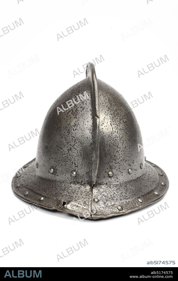 helmet, Anonymous, 16th century, Iron cabasset with an iron plume sleeve and helmet crest. The helmet is oval in shape and has a high, spherical helmet sphere, the helmet flap is sloping downwards. The helmet sphere consists of two halves and is finished over the comb with a folded strip of iron. At the rear tip of the helmet visor, part of the plate is a contemporary replacement, and so is a piece of the adjacent rim. Front point has also been replaced and also provided with new rivets at the time, which were subsequently filed away on the outside or top. Lining nails around the rim of the helmet visor and helmet bulb are without visible rivets. Here and there the dents of the once applied rivet plates are visible, General: 24 x 24.5 x 33.5cm 240 x 245 x 335mm.