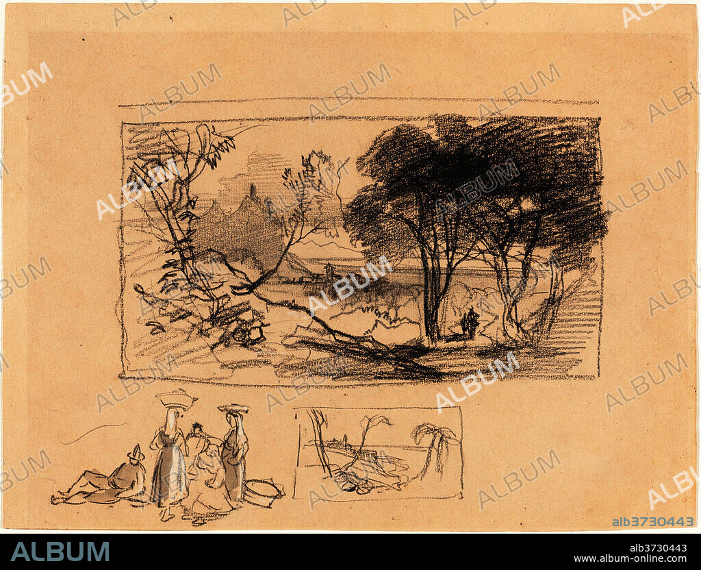 EDWARD LEAR. Sketches in Italy [recto]. Dated: 1839/1845. Dimensions: overall: 22.3 x 29.3 cm (8 3/4 x 11 9/16 in.). Medium: black chalk and graphite with gray and white washes on light brown wove paper.