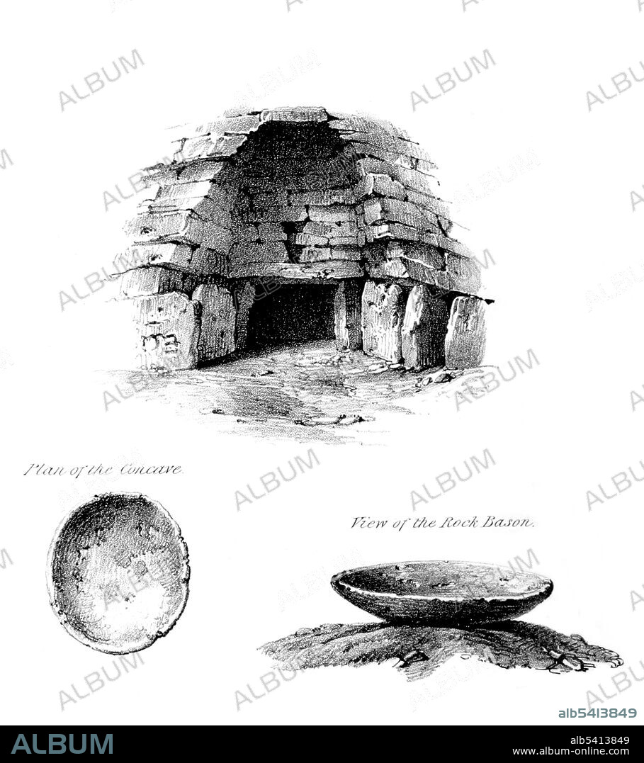 Newgrange is a prehistoric passage tomb built during the Neolithic Age (c. 3200 BC), in County Meath, Ireland. The site consists of a large circular mound with an inner stone passageway and chambers where human bones and votive offerings were found. Many of the larger stones of Newgrange are covered in megalithic art. The mound is ringed by a stone circle. There is no agreement about what the site was used for, but it is believed that it had religious significance. Its entrance is aligned with the rising sun on the winter solstice, when sunlight shines through a roofbox and floods the inner chamber. Image taken from The Celtic Druids by Godfrey Higgins, 1827 (cropped and cleaned).