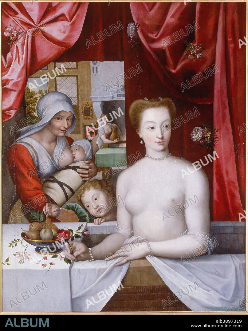 FRENCH SCHOOL. Gabrielle d'Estrées au bain. Date/Period: From 1598 until 1599. Painting. Oil on canvas. Height: 1,150 mm (45.27 in); Width: 1,030 mm (40.55 in).