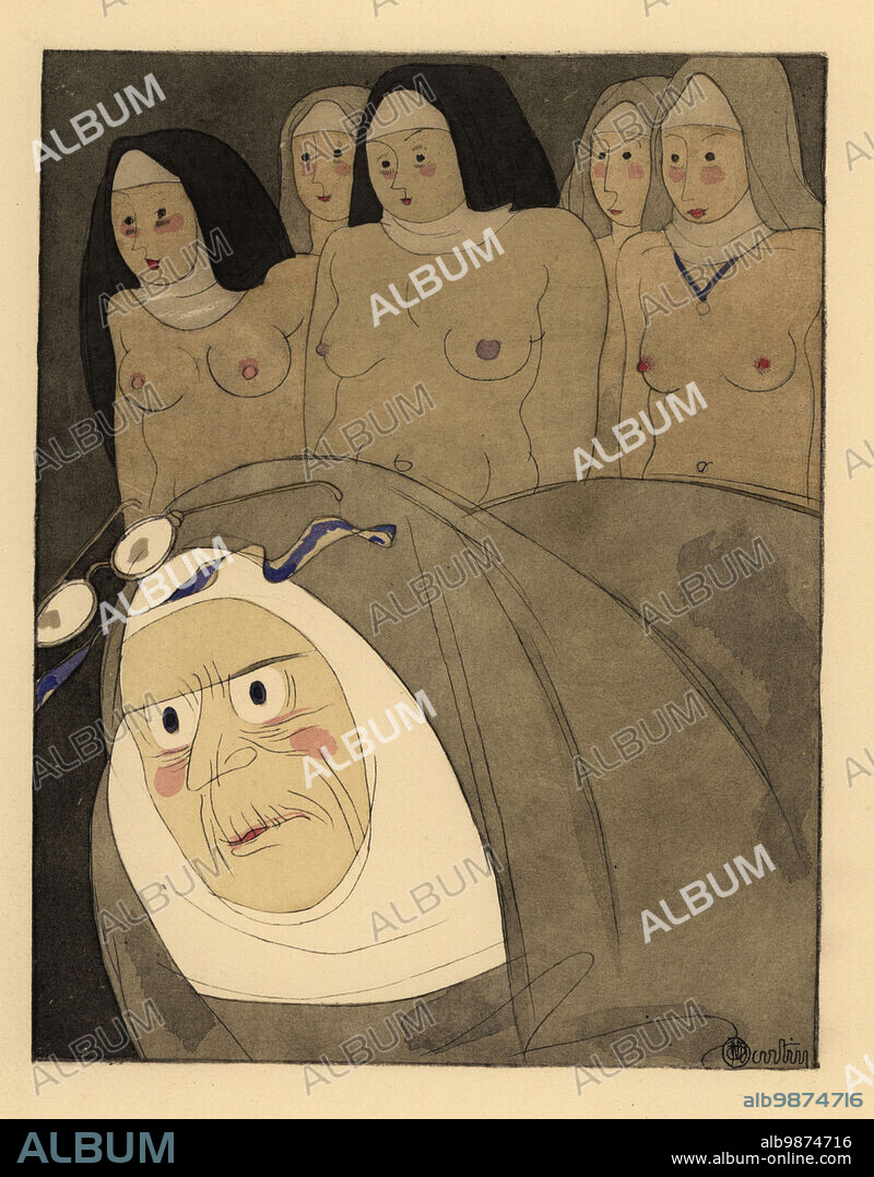 A prioress with spectacles inspects all the nuns naked, searching for a man Coletta who had impregnated Sister Agnes in the convent. The spectacles. Les lunettes. Lithograph handcoloured in pochoir (stencil) after an illustration by Charles Martin from Jean de la Fontaines Contes et Nouvelles en Vers, Tales and Novellas in Verse, Libraire de France, Paris, 1930.