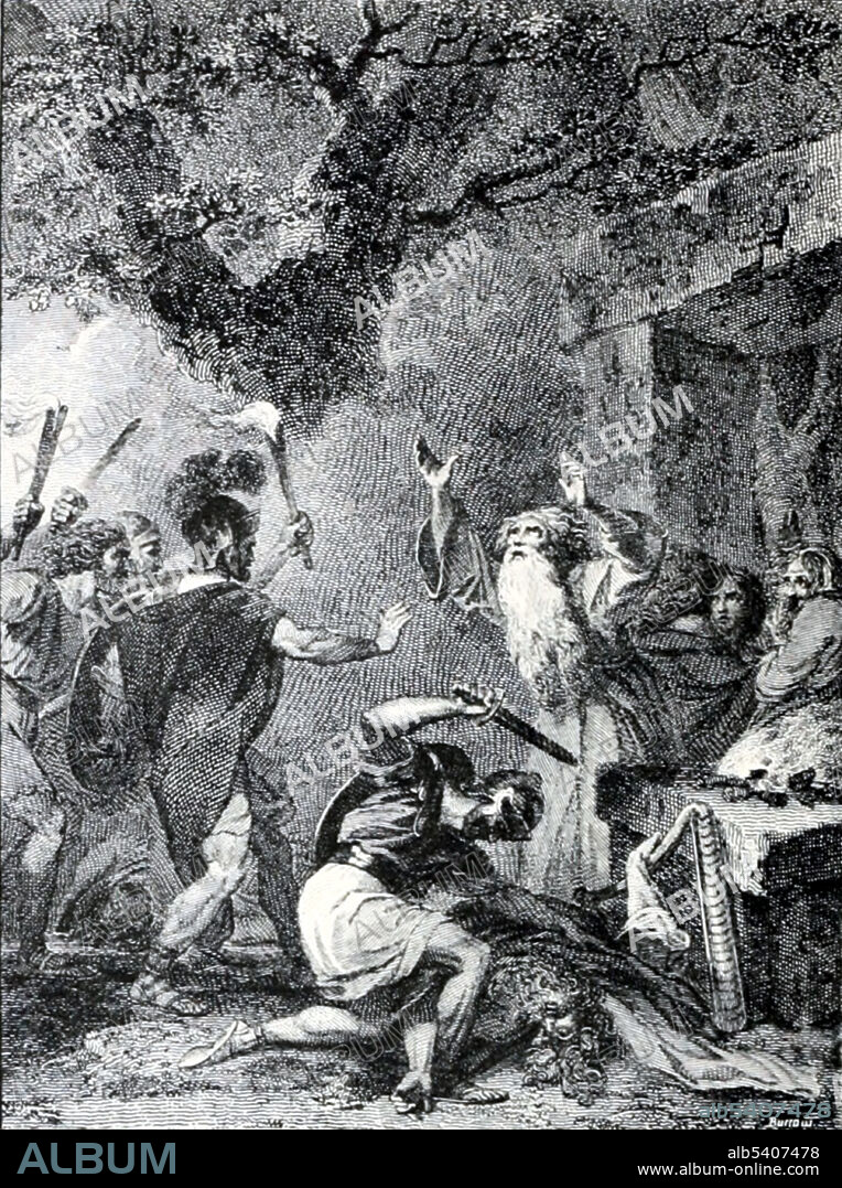 In 60 AD the Roman general Gaius Suetonius Paulinus, determined to break the power of the druids, attacked the island of Anglesey using his amphibious Batavian contingent as a surprise vanguard assault and then destroying the shrine and the nemeta (sacred groves). News of Boudica's revolt reached him just after his victory, causing him to withdraw his army before consolidating his conquest. The island was finally brought into the Roman Empire by Gnaeus Julius Agricola, the Roman governor of Britain, in 78 AD. Image taken from Druidism: The Ancient Faith of Britain by Dudley Wright, 1924 (cropped and cleaned).