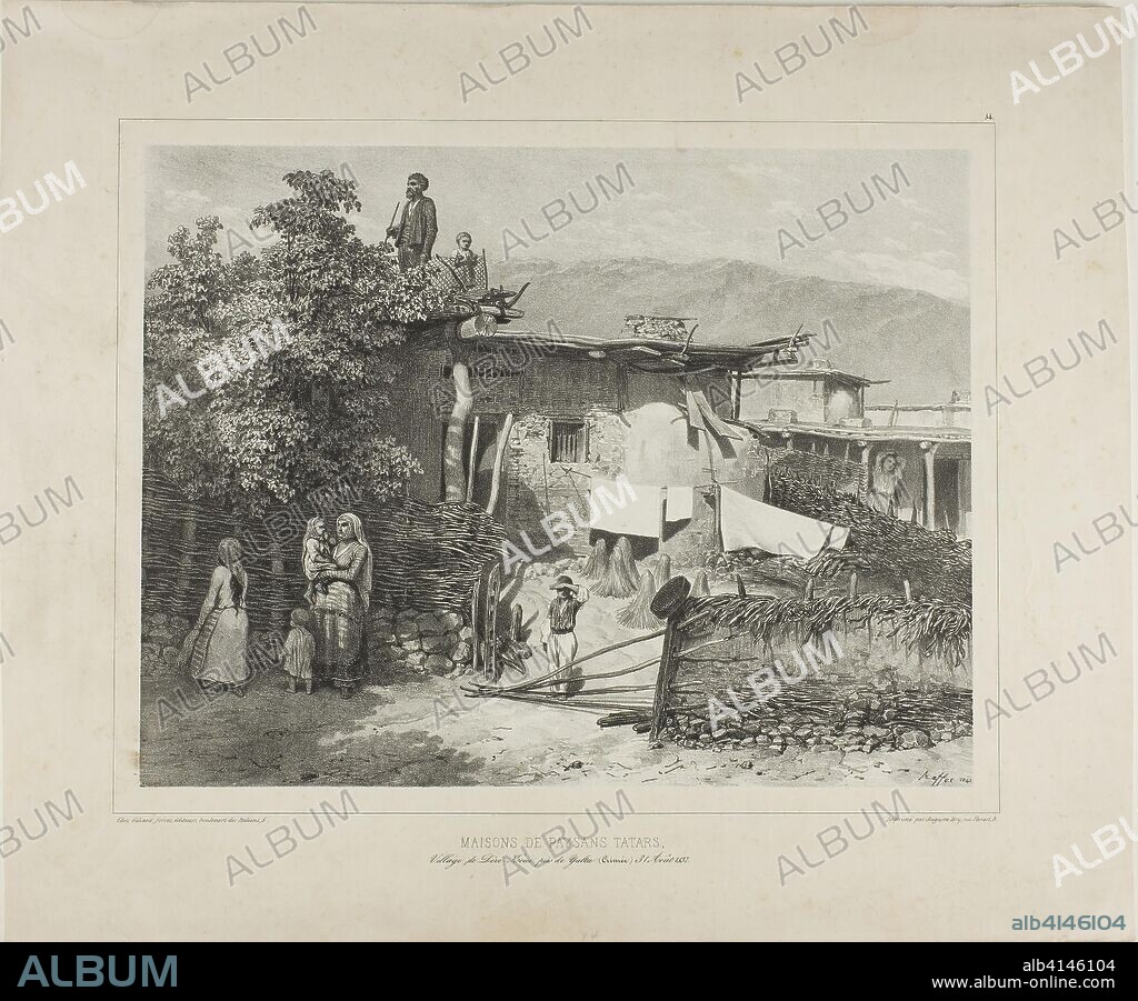 Tartar Peasants' Homes in the Village of Déré-Koui, near Yalta, Crimea, August 31, 1837. Denis Auguste Marie Raffet (French, 1804-1860); printed by Auguste Bry (French, 19th century); published by Chez Gihaut Frères (French, 19th century). Date: 1841. Dimensions: 244 × 316 mm (image); 244 × 318 mm (primary support); 357 × 427 mm (secondary support). Lithograph in black on gray chine laid down on buff wove paper. Origin: France.